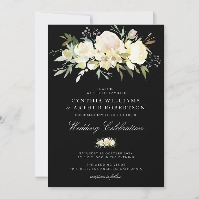 Invitation aquarelle florale ivoire blanc mariage noir (Devant)