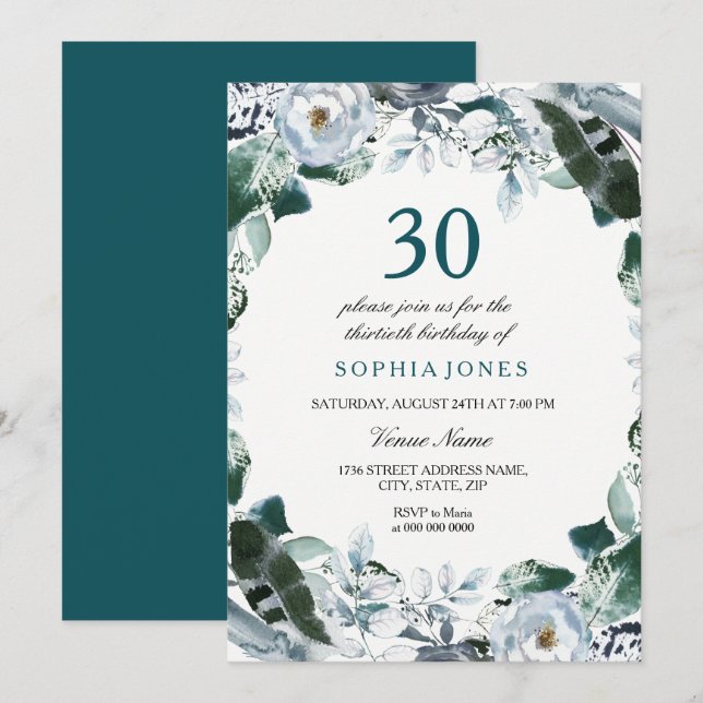 Invitation Aquarelle florale Jade Vert 30e anniversaire Invit (Devant / Derrière)