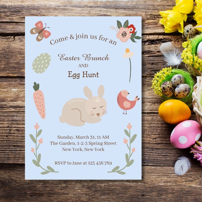 Invitation Aquarelle Florale Lapin de Pâques et chasse aux oe (easter bunny egg hunt party invitation)