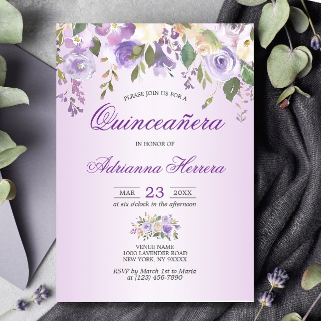 Invitation Aquarelle Florale Lavande pourpre Quinceañera (Créateur téléchargé)