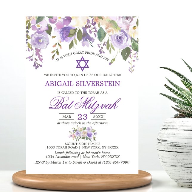 Invitation Aquarelle Florale Lavande violet étoile Bat mitzva (Watercolor Floral Lavender Purple Star Bat Mitzvah Invitation)