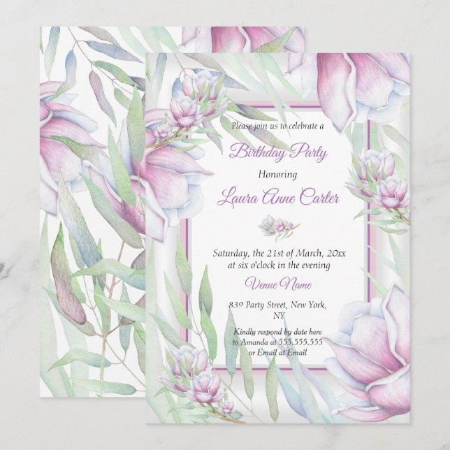 Invitation Aquarelle florale Lilac rose délicate Anniversaire (Devant / Derrière)