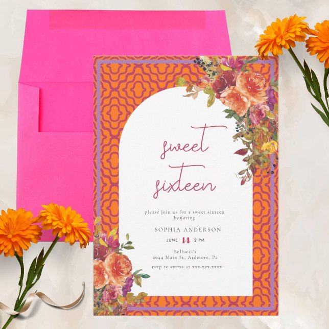Invitation Aquarelle Florale Magenta Fuchsia Sweet sixteen (Créateur téléchargé)