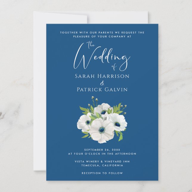 Invitation Aquarelle florale Mariage bleu classique (Devant)