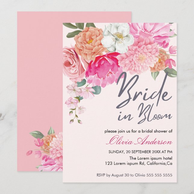 Invitation Aquarelle Florale Mariée En Fête des mariées Fleur (Devant / Derrière)