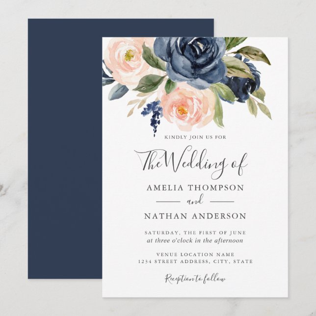 Invitation Aquarelle Florale Marine Mariage de pêche (Devant / Derrière)