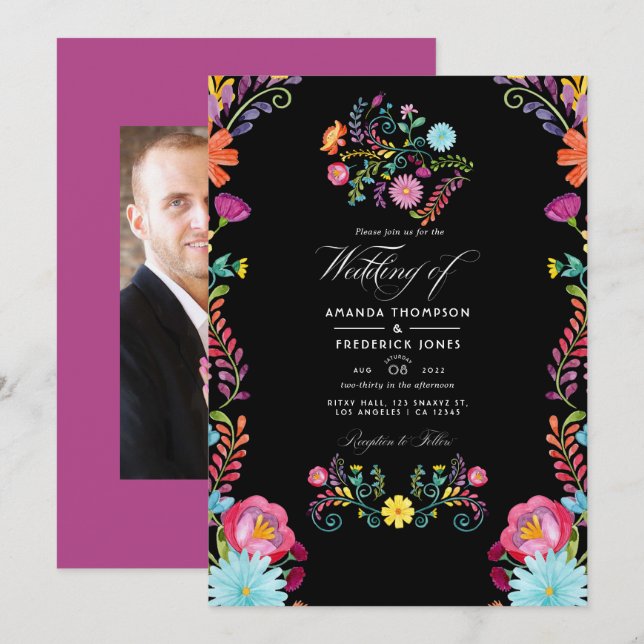 Invitation Aquarelle Florale mexicaine Fiesta Photo Mariage (Devant / Derrière)