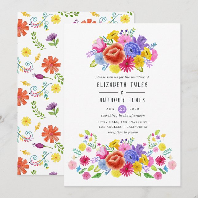 Invitation Aquarelle Florale mexicaine Mariage Fiesta (Devant / Derrière)