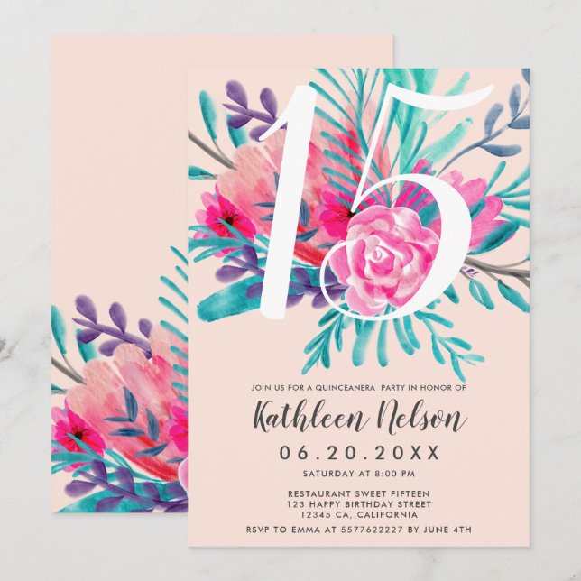 Invitation Aquarelle florale moderne Quinceanera rose au néon (Devant / Derrière)