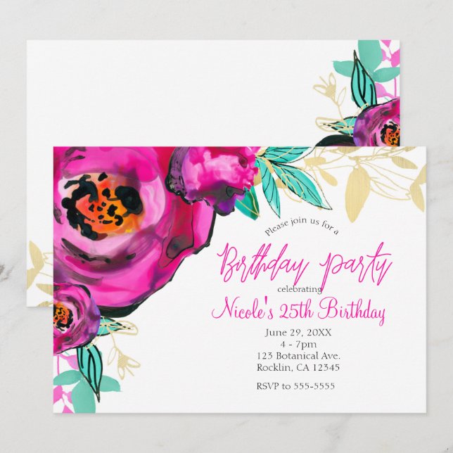 Invitation Aquarelle florale moderne rose gras fête d'anniver (Devant / Derrière)