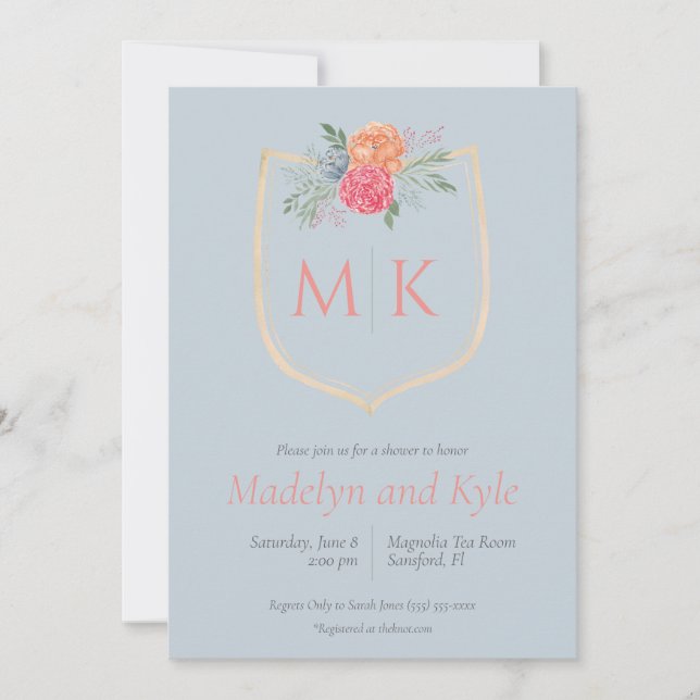Invitation Aquarelle Florale Monogram Crest Fête des mariées (Devant)