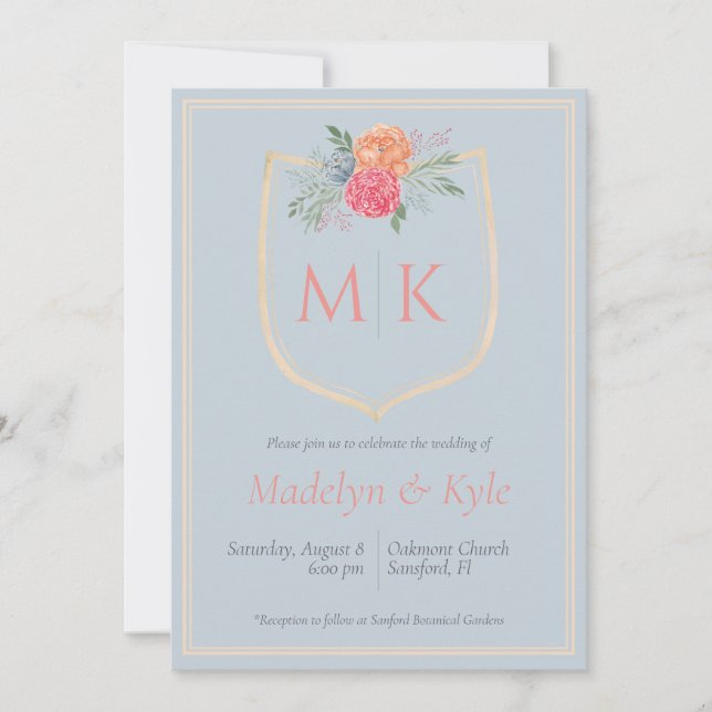 Invitation Aquarelle Florale Monogram Crest Mariage (Devant)