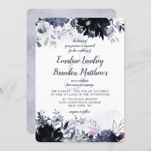 Invitation Aquarelle florale Nocturne Dusty Mariage bleu