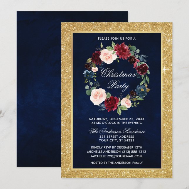 Invitation Aquarelle Florale Noël Parties scintillant or (Devant / Derrière)