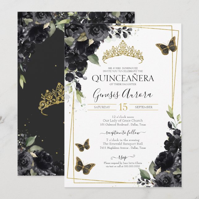 Invitation Aquarelle florale noire Beurre d'or Quinceanera (Devant / Derrière)
