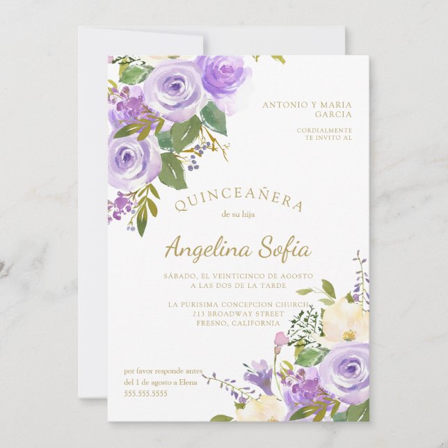 Invitation Aquarelle Florale Or Calligraphie Quinceanera (Devant)