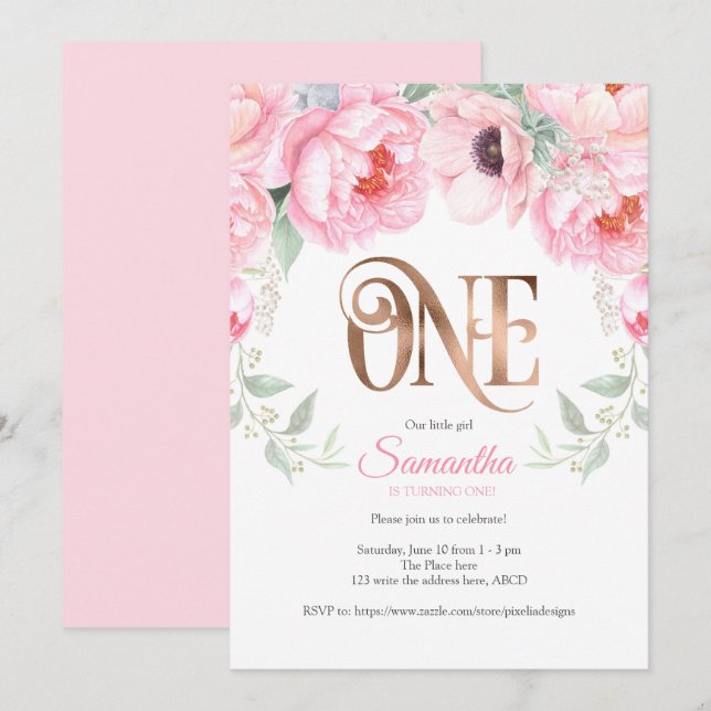 Invitation Aquarelle florale, or Rose, fille, premier anniver (Devant / Derrière)