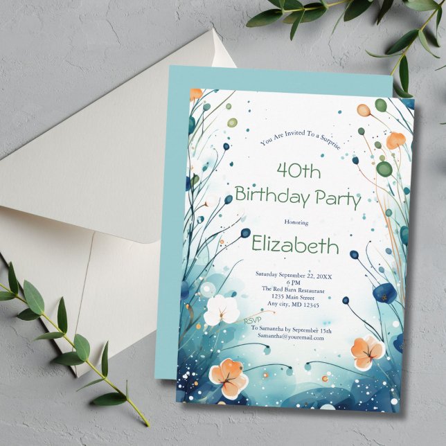 Invitation Aquarelle Florale Orange Vert Bleu 40e anniversair (Blue Green Orange Watercolor Floral Birthday invitation for her. Editable for any year)