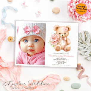 Invitation Aquarelle florale Ours en peluche, Photo Girl Bapt