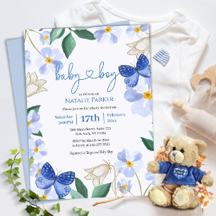 Invitation Aquarelle florale papillon bleu   Baby shower garç