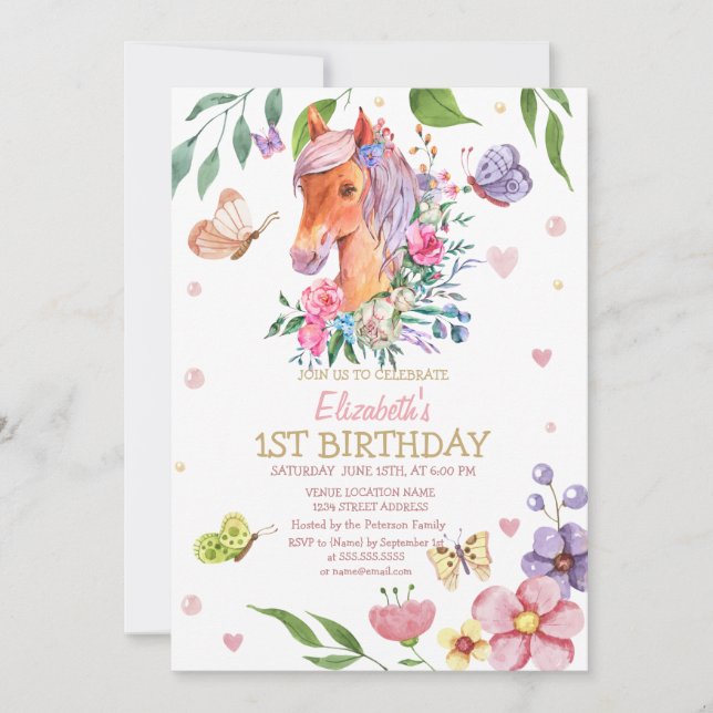 Invitation Aquarelle Florale Papillon Pony Striday (Devant)