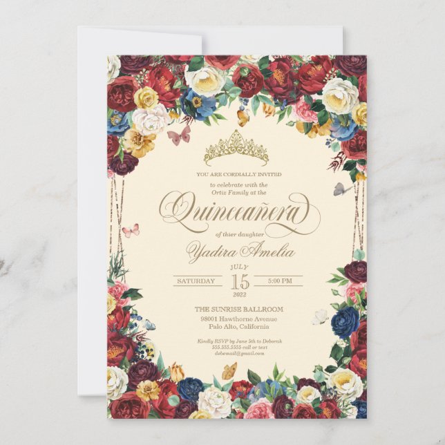 Invitation Aquarelle florale papillon Quinceañera jaune (Devant)