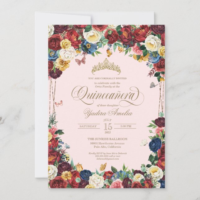 Invitation Aquarelle florale papillon Quinceanera rouge rose (Devant)