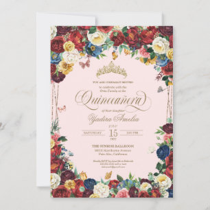 Invitation Aquarelle florale papillon Quinceanera rouge rose