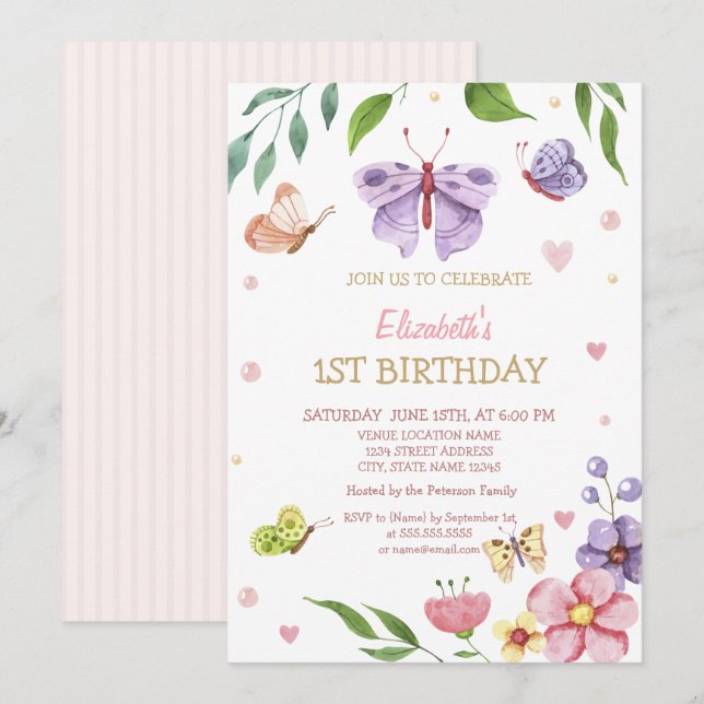 Invitation Aquarelle florale papillon rayé Anniversaire (Devant / Derrière)