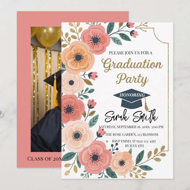 Invitation Aquarelle florale parties scintillant or graduatio (Devant / Derrière)