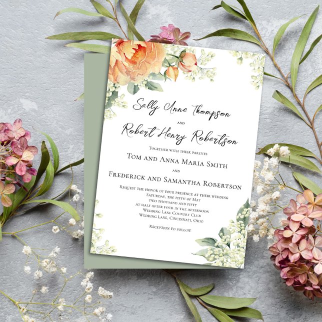Invitation Aquarelle Florale Pêche Élégante Mariage (Wedding beautiful peach floral invitations. )