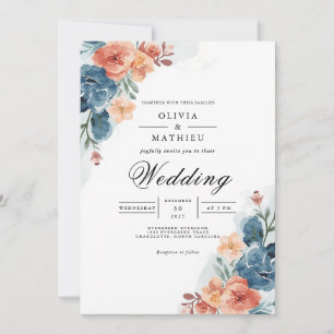 Invitation Aquarelle Florale Pêche Mariage bleu