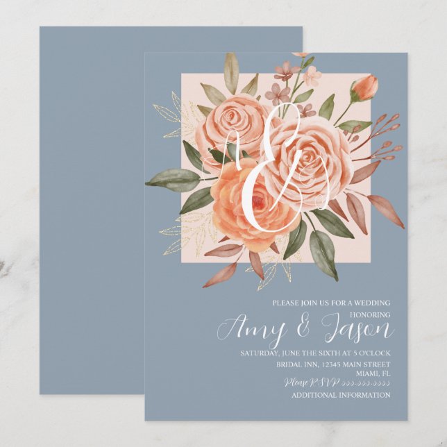Invitation Aquarelle Florale Pêche Roses Dusty Blue Mariage B (Devant / Derrière)
