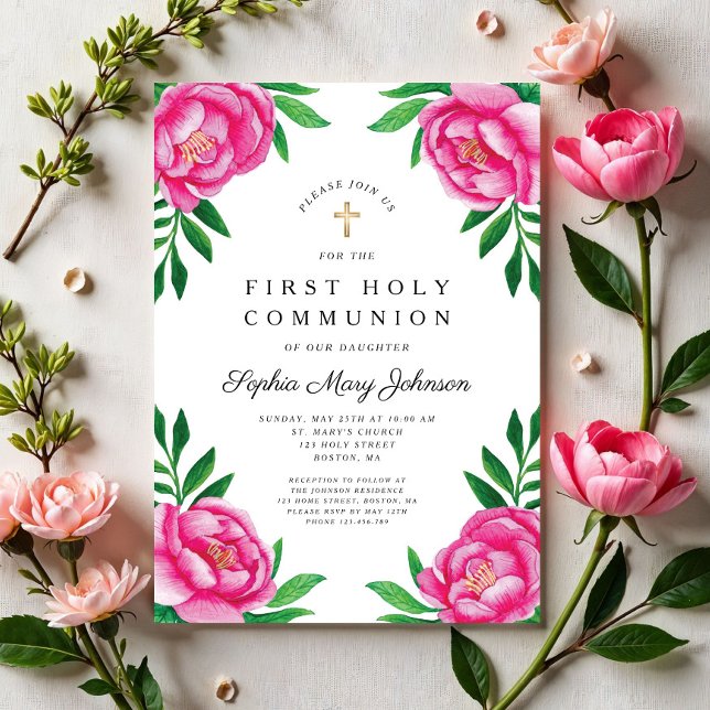 Invitation Aquarelle florale Peonies roses Première communion (Floral Watercolor Pink Peonies First Communion Invitation)