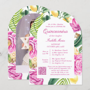 Invitation Aquarelle Florale Photo QR Code Quinceañera