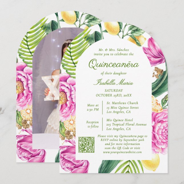 Invitation Aquarelle Florale Photo QR Code Quinceañera (Devant / Derrière)