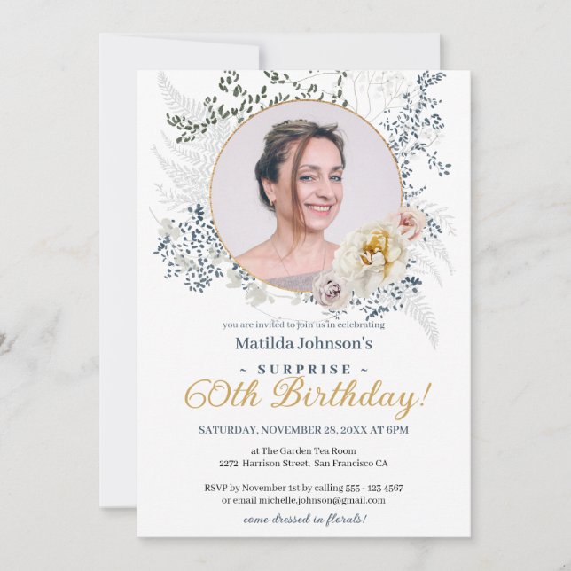 Invitation Aquarelle Florale Photo Surprise 60e anniversaire (Devant)