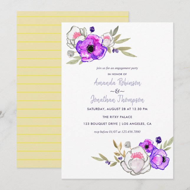 Invitation aquarelle florale pour une fête de fian (Devant / Derrière)