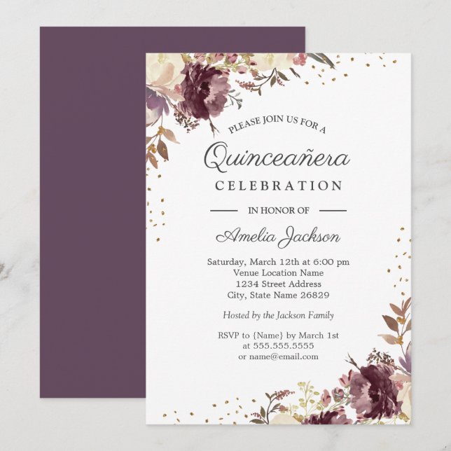 Invitation Aquarelle florale pourpre or Quinceanera Invitatio (Devant / Derrière)