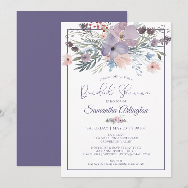 Invitation Aquarelle Florale Purple Fête des mariées Lilac (Devant / Derrière)