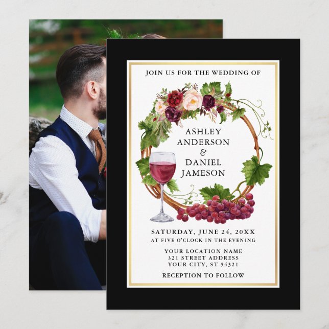 Invitation Aquarelle Florale Raisins Wreath Black Gold Photo (Devant / Derrière)