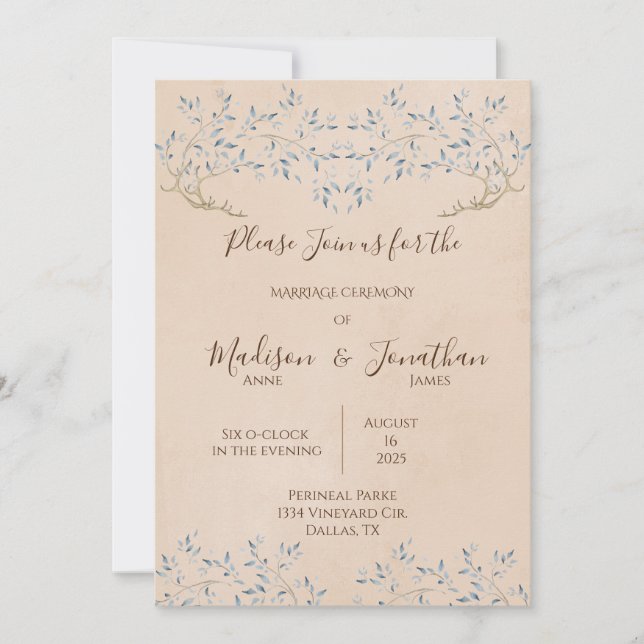 Invitation Aquarelle florale romantique Mariage de script ble (Devant)