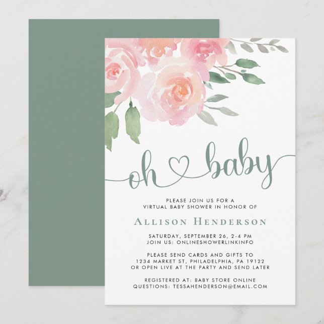 Invitation Aquarelle florale rose Baby shower virtuel (Devant / Derrière)