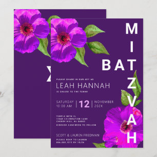 Invitation Aquarelle florale rose Bat mitzvah violet moderne