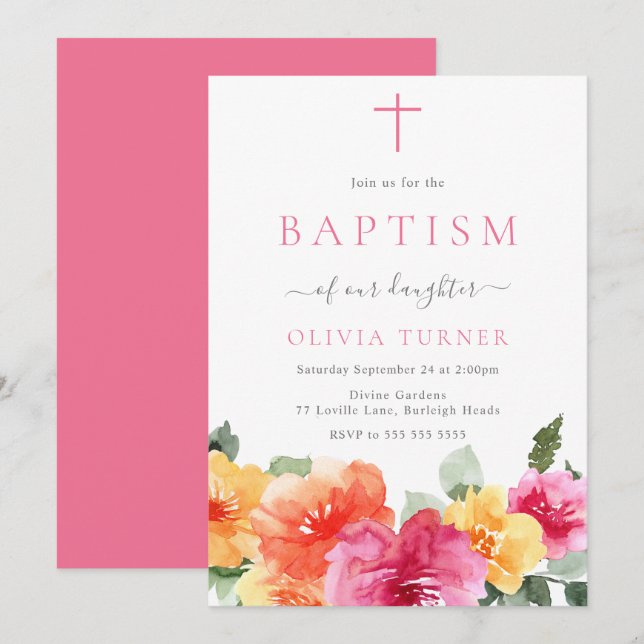 Invitation Aquarelle florale rose Bébé filles Baptême (Devant / Derrière)