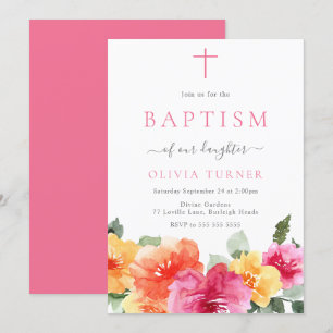 Invitation Aquarelle florale rose Bébé filles Baptême