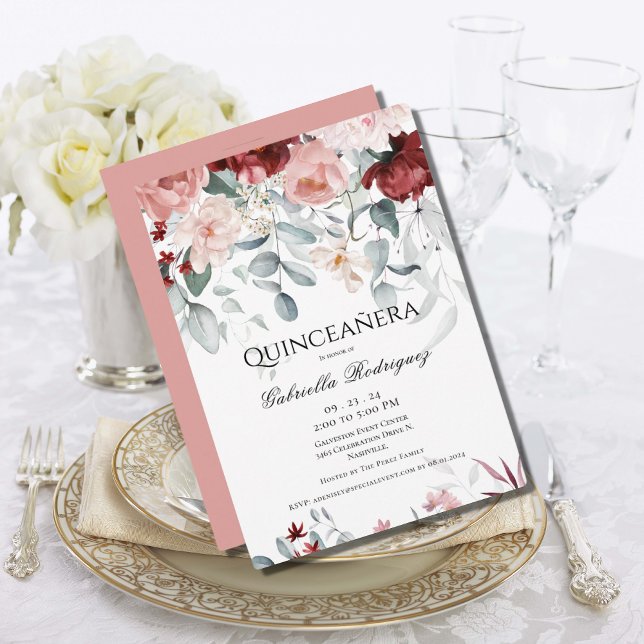 Invitation Aquarelle florale rose bordeaux Quinceañera (Créateur téléchargé)