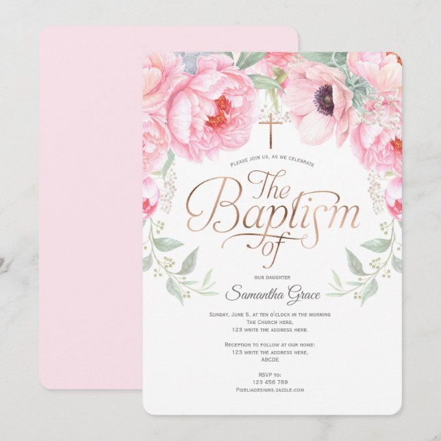 Invitation Aquarelle florale, rose, élégante baptême féminine (Devant / Derrière)
