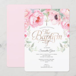 Invitation Aquarelle florale, rose, élégante baptême féminine