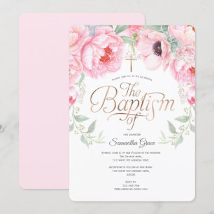 Invitation Aquarelle florale, rose, élégante baptême féminine